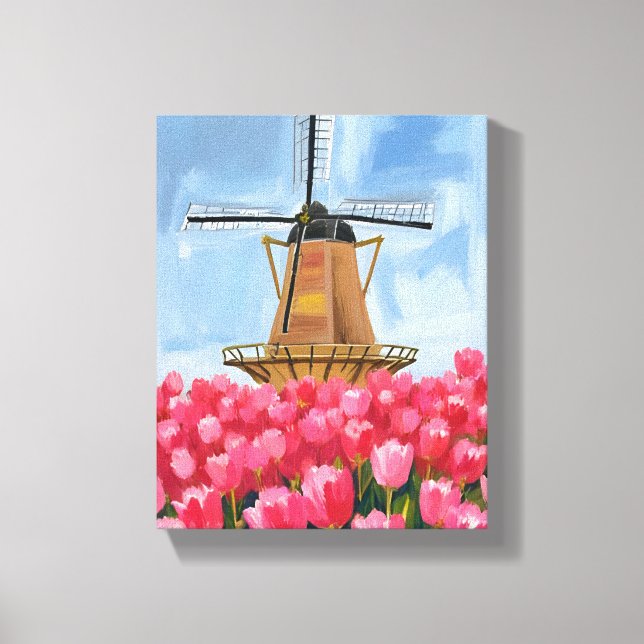 Lienzo Dutch Windmill Tulip Flower Field Watercolor (Anverso)