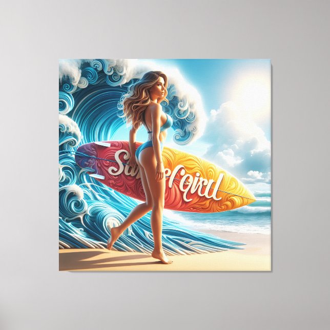 Lienzo Dynamic Surfer Girl Walking Beach Waves Art (Anverso)