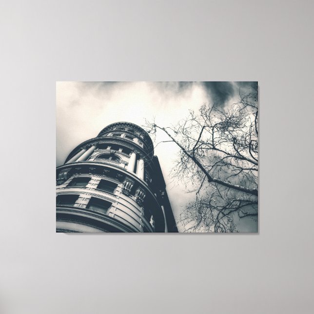 Lienzo Edificio arquitectónico en blanco y negro y árbol (Anverso)