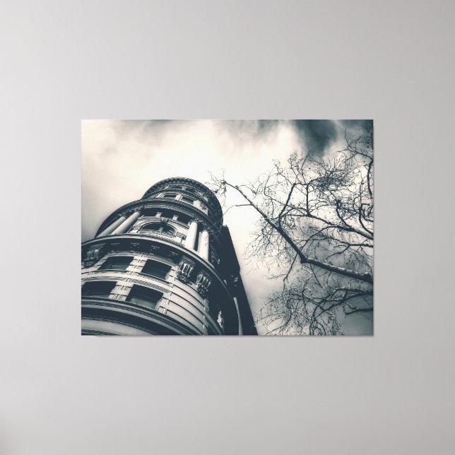 Lienzo Edificio arquitectónico negro y blanco y árbol (Anverso)