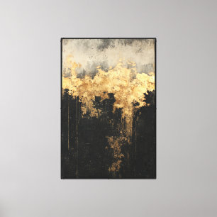 Lienzo Efecto de goteo gris, negro y dorado en pared abst