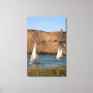 Lienzo Egipto, Asuán, río Nilo, veleros Felucca,