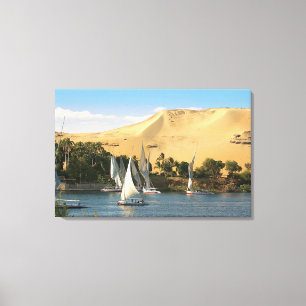 Lienzo Egipto, Asuán, río Nilo, veleros Felucca, 2
