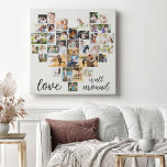 Lienzo El amor es todo alrededor de la forma del corazón<br><div class="desc">Crea tu propio Collage de fotos en forma de corazón con 36 de tus fotos y selfies familiares favoritos. El collage de fotos incluye una variedad de formas de paisaje, retrato y cuadrado para darle muchas opciones al colocar su propia foto. El diseño está completo con "El amor está por...</div>