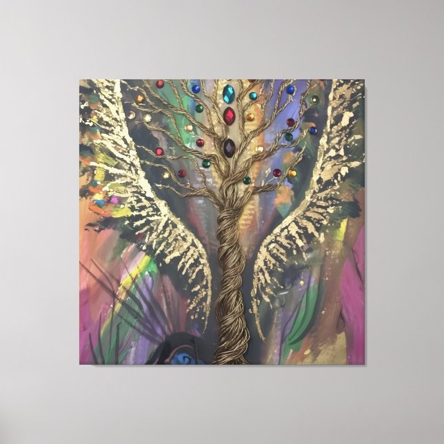 Lienzo El árbol divino de la vida alas celestiales y joya (Anverso)