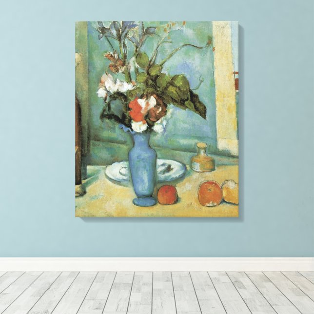 Lienzo El jarrón azul (Flores y frutas) de Paul Cézanne (Insitu (piso de madera))