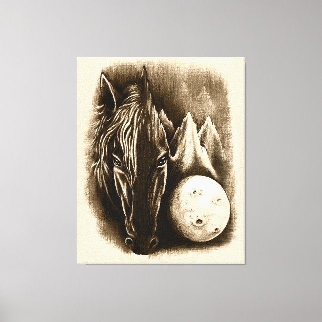 Lienzo El lado oscuro - Caballo negro surrealista y luna (Anverso)