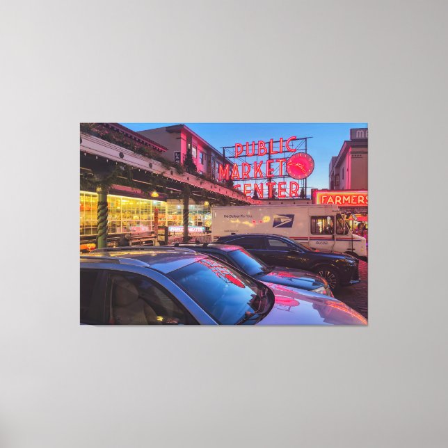 Lienzo El mercado del cerdo de Seattle de noche (Anverso)