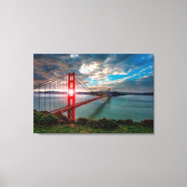 Lienzo El puente Golden Gate con el sol brillando. (Anverso)