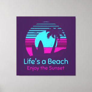 Lienzo El retro Sunset Surfboard Palm Tree Life es una pl