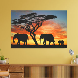 Lienzo El Safari Africano Sunset Elephant Silhouette Art