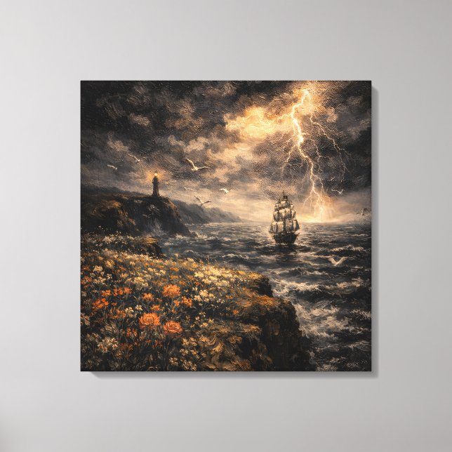 Lienzo Electric Horizon: Stormy Lighthouse & Tall Ship (Anverso)