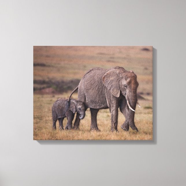 Lienzo Elefante africano con cría (Anverso)