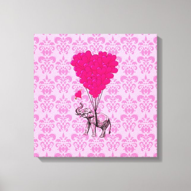 Lienzo Elefante agarrando el corazón en damasco rosa (Anverso)