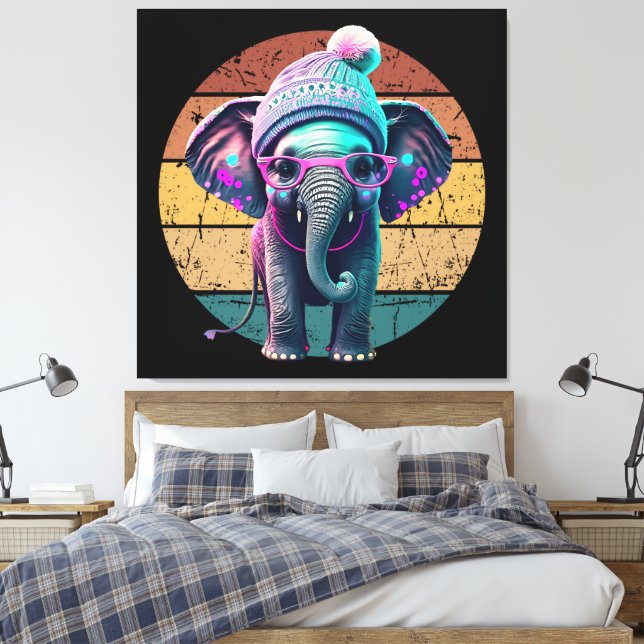 Lienzo Elefante bebé con beanie y gafas rosas (Insitu(Dormitorio))
