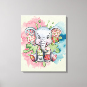 Lienzo Elefante Bebé con Parches Florales Cosidos Cualqui