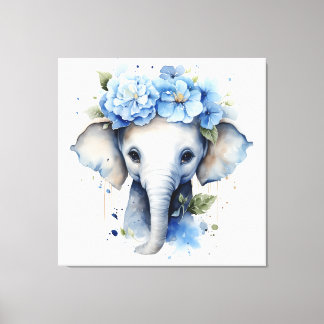 Lienzo Elefante bebé - Corona de flores azules