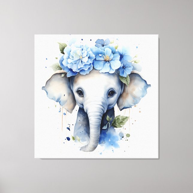 Lienzo Elefante bebé - Corona de flores azules (Anverso)