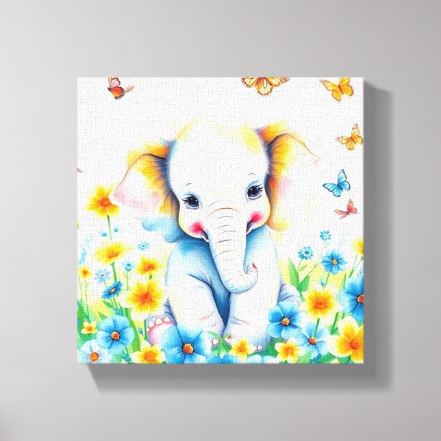 Lienzo Elefante Bebé Corriendo en Flores (Anverso)