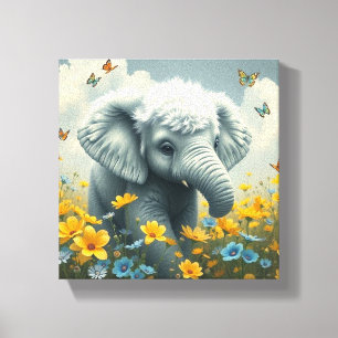 Lienzo Elefante Bebé Corriendo en Flores