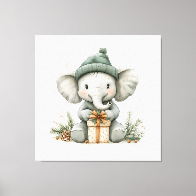 Lienzo Elefante bebé de la serie de Navidades de animales (Anverso)