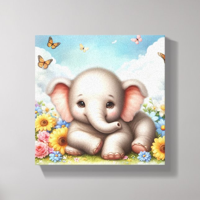 Lienzo Elefante bebé en flores (Anverso)