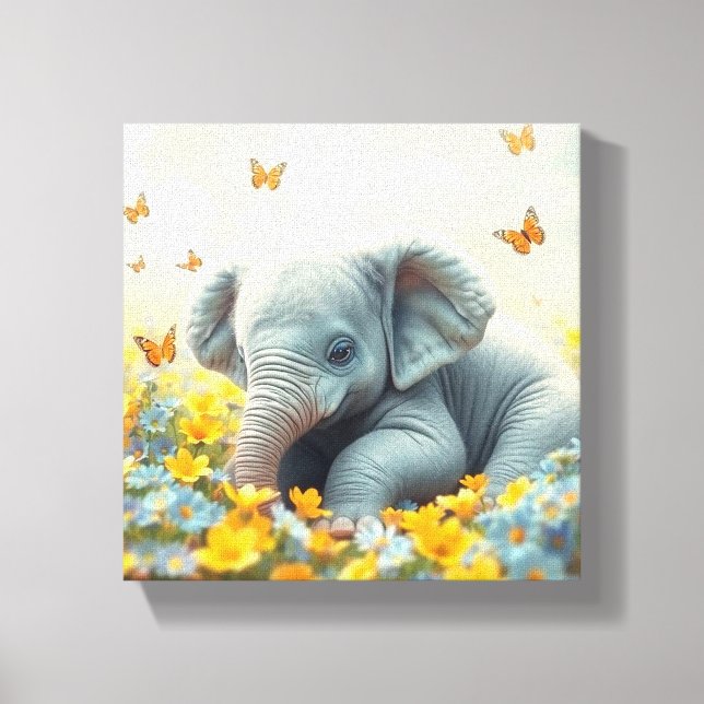 Lienzo Elefante bebé en flores (Anverso)