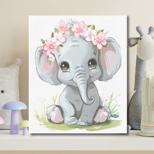 Lienzo Elefante Bebé Flores Rosadas en la Cabeza Guarderí