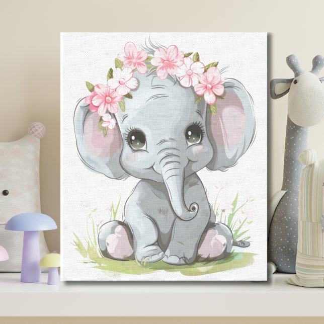 Lienzo Elefante Bebé Flores Rosadas en la Cabeza Guarderí (Baby Elephant with pink flowers on head. Adorable cute nursery canvas wall art Baby Shower gift)