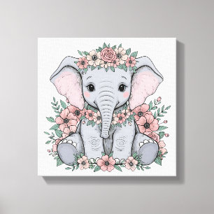 Lienzo Elefante bebé lindo con flores rosas