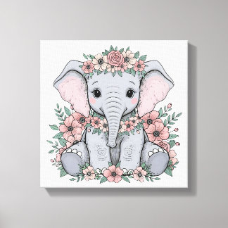 Lienzo Elefante bebé lindo con flores rosas