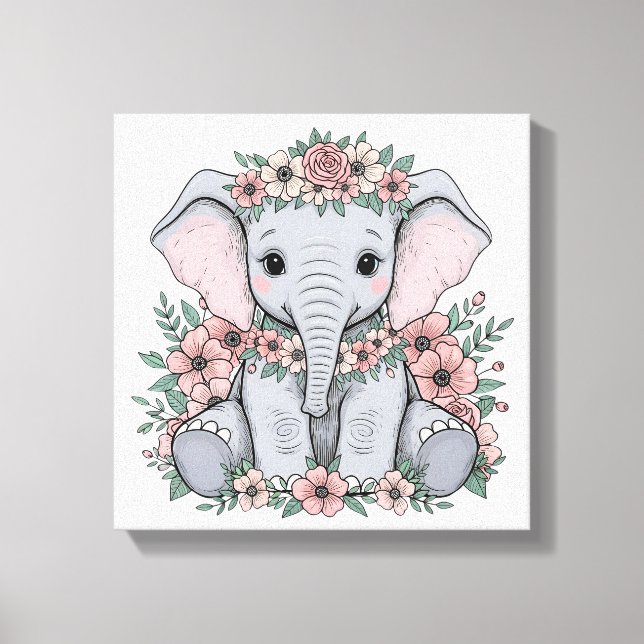 Lienzo Elefante bebé lindo con flores rosas (Anverso)