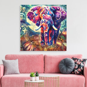 Lienzo Elefante Caprichoso en Noche Azul Morado Estrellas