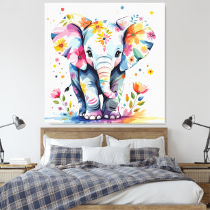 Lienzo Elefante de acuarela floral