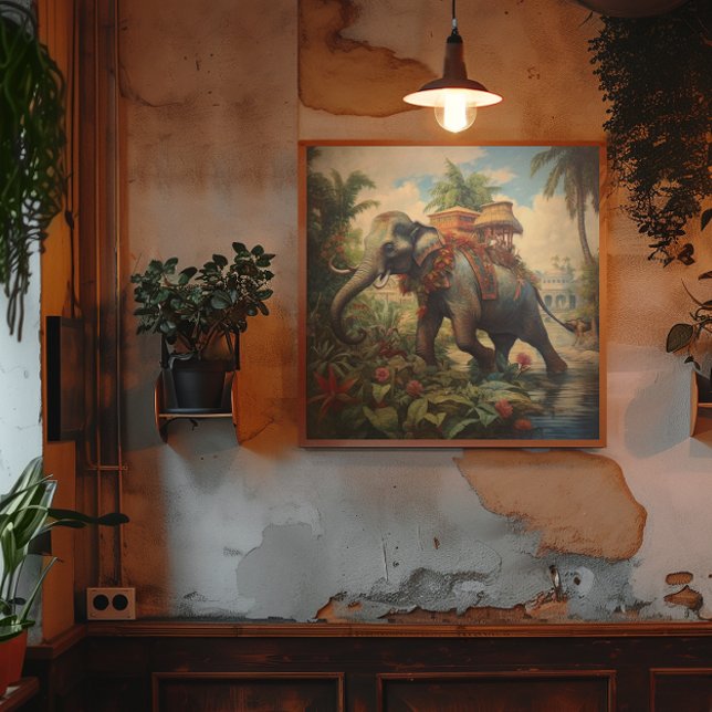 Lienzo Elefante de escena botánica vintage con howdah (Subido por el creador)