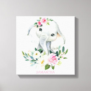 Lienzo Elefante lindo con florales boho para cuarto de be