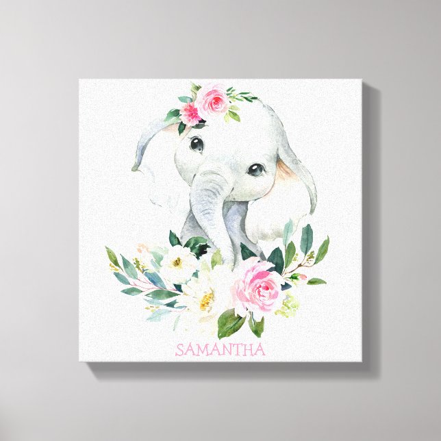 Lienzo Elefante lindo con florales boho para cuarto de be (Anverso)