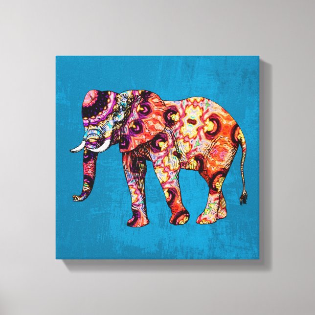 Lienzo Elefante multicolor de fondo azul (Anverso)