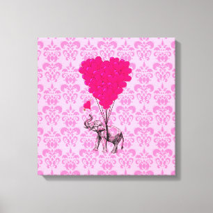 Lienzo Elefante sosteniendo corazón sobre damasco rosa