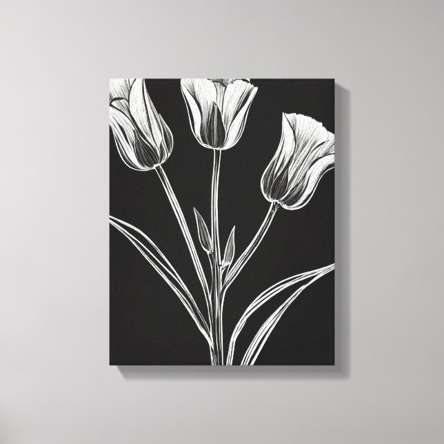 Lienzo Elegancia en blanco y negro: tres tulipanes (Anverso)