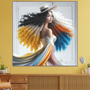 Lienzo Elegancia en contraste con mujer de cabello rizado
