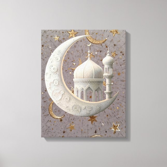 Lienzo Elegant 3D White Crescent & Mosque Ramadan Design (Anverso)
