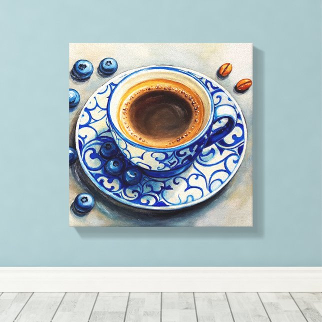 Lienzo Elegant Blue Coffee Cup with Blueberries – Realist (Insitu (piso de madera))