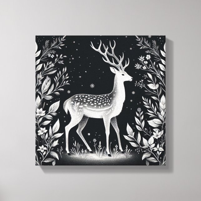 Lienzo Elegant White Ink Deer in Botanical Frame (Anverso)