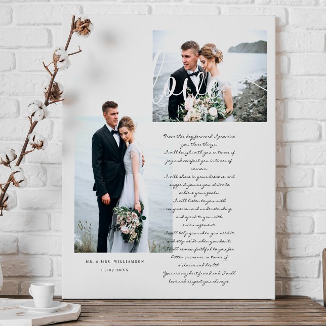 Lienzo Elegante Boda Vos Guión de Amor Dos Foto Mínima (Elegant Wedding Vows Love Script Minimal Two Photo Canvas Print)