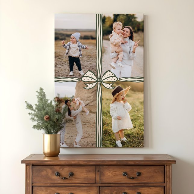 Lienzo Elegante Collage de fotos de la familia actual Bow (Elegant Bow & Ribbon Present Family Photo Collage Canvas Print)