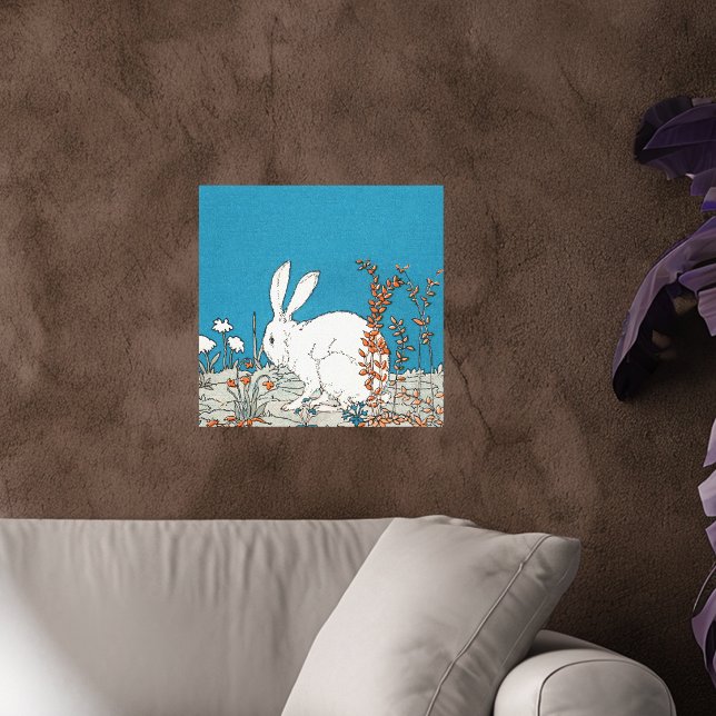 Lienzo Elegante conejo blanco vintage (Fluffy white rabbit sitting in orange and white flowers on deep blue canvas art print.)