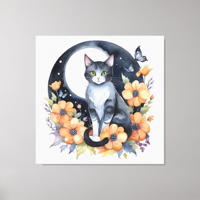 Lienzo Elegante Gato Negro Floral Moon Art Gato Amante (Anverso)