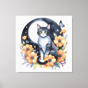 Lienzo Elegante Gato Negro Floral Moon Art Gato Amante