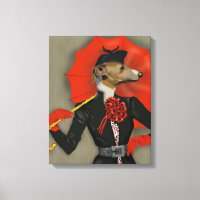 Elegante Greyhound y paraguas rojos